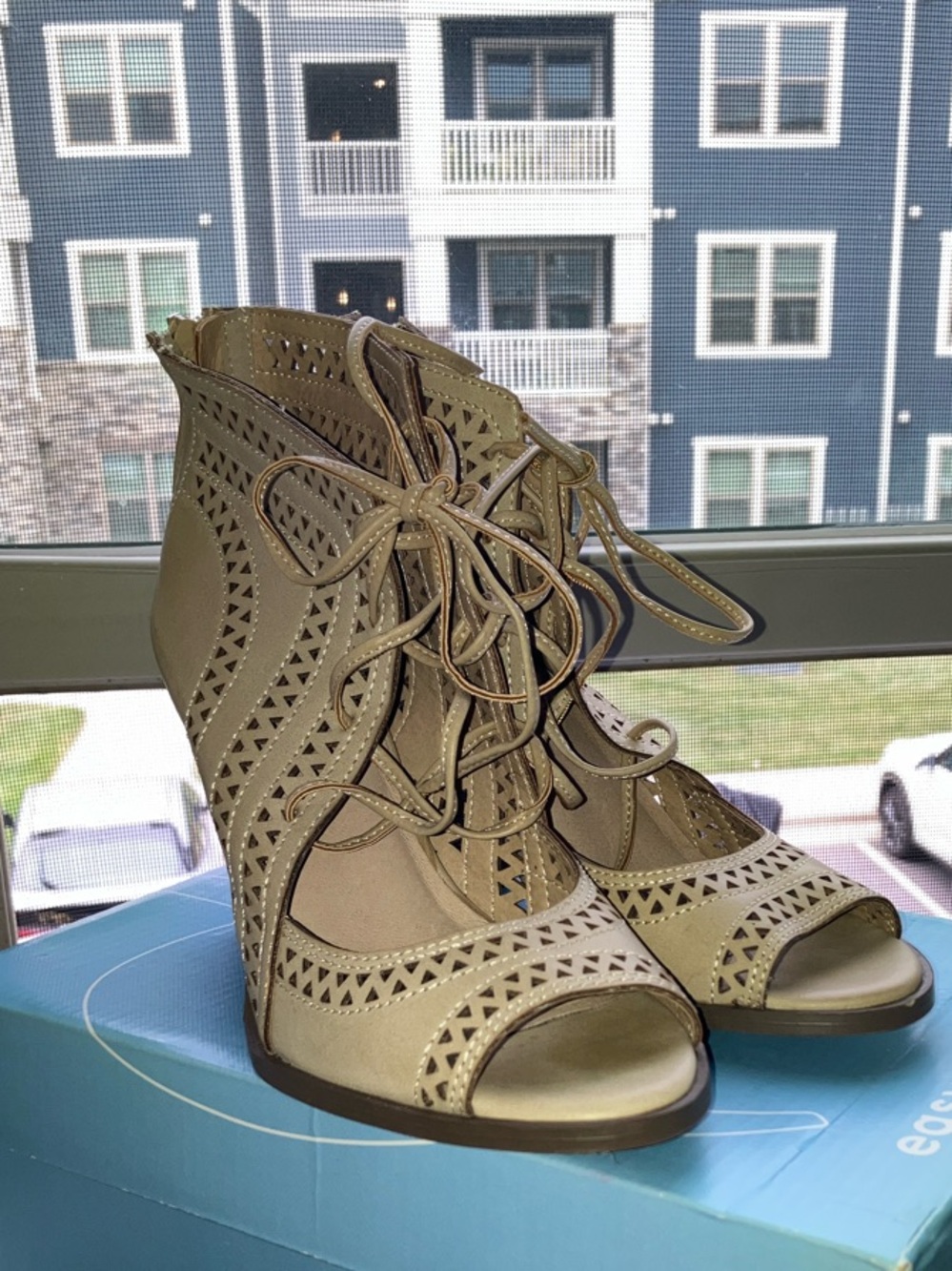 Restricted Taupe Lace-Up Cutout Wedge Sandals